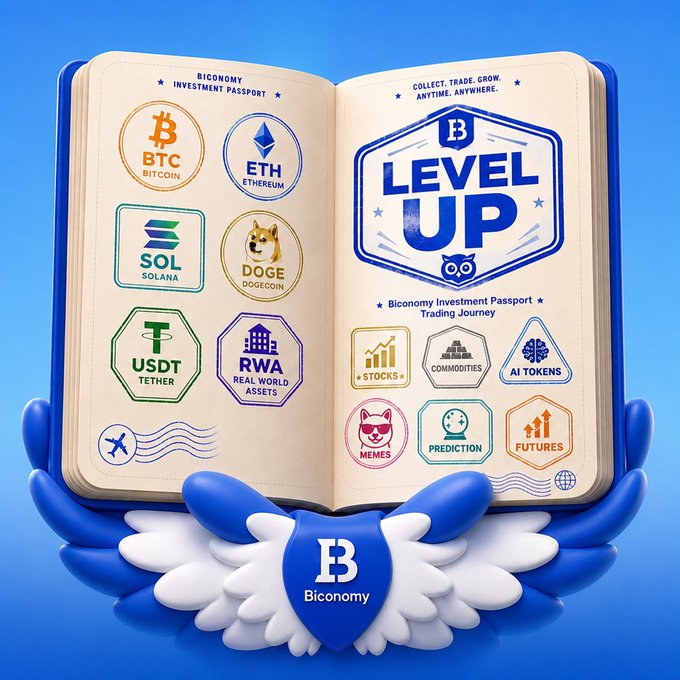 An open Biconomy Investment Passport displays stamps for crypto assets like BTC, ETH, SOL, DOGE, USDT, and RWA alongside a "Level Up" badge featuring categories such as Stocks, Commodities, AI Tokens, Memes, Prediction, and Futures, supported by blue wings and the Biconomy shield logo. The imagery visually reinforces the post's message of progressing through a diverse Web3 trading journey, where each asset category represents a new chapter or level for the user to unlock.