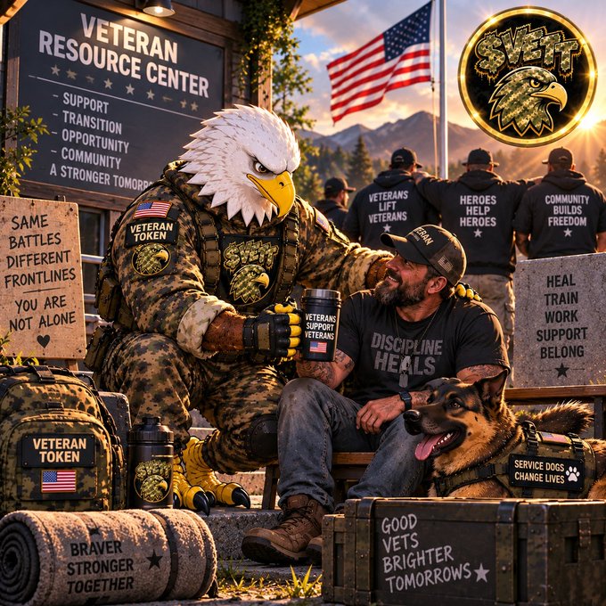 An AI-generated patriotic scene featuring a 'VETERAN RESOURCE CENTER' with a character in an eagle helmet and 'VETERAN TOKEN' vest sitting beside a bearded man and German Shepherd, with slogans like 'DISCIPLINE HEALS', 'BRAVER STRONGER TOGETHER', and 'SVT' logo.