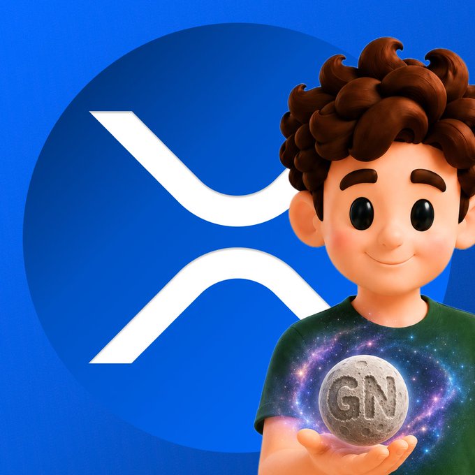 A 3D rendered cartoon boy with curly brown hair wearing a galaxy-patterned shirt, holding a glowing moon with the letters "GN", positioned in front of a blue XRP cryptocurrency logo.