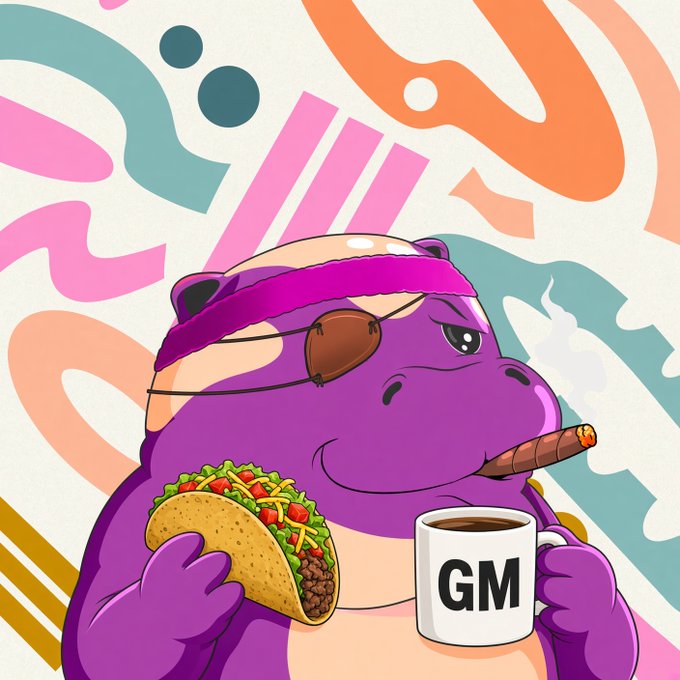 A cartoon illustration of a purple hippo wearing a pink visor and eyepatch, smoking a cigar, and holding a taco and a coffee mug that reads 'GM', set against an abstract colorful background.