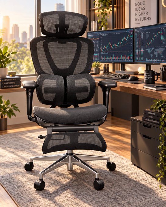A black ergonomic mesh office chair with headrest positioned in a modern trading setup featuring dual monitors displaying stock charts, a "GOOD IDEAS HIGHER RETURNS" wall poster, and potted plants.
