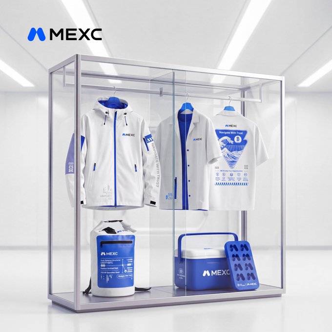 A promotional display case with the MEXC logo showcasing branded merchandise including a white and blue jacket, lab coat, t-shirt, backpack, cooler bag, and phone case in a futuristic white room.