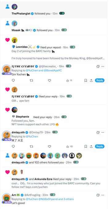The image features a screenshot of an active Twitter conversation happening within a group known as "The BAYC community", which appears to be a family gathering. Numerous people are present, including one person who has already reached out with a warm welcome for followers to join them. The majority of these people are female and have gained significant followings in their respective circles. 

A post from one of the members reads: "It's only my 3rd day since joining BAYC community and I've already received hundreds of follows and warm welcomes from Apes". This message indicates that this individual has been actively engaging with the group for quite some time, gaining a sense of belonging within their community.