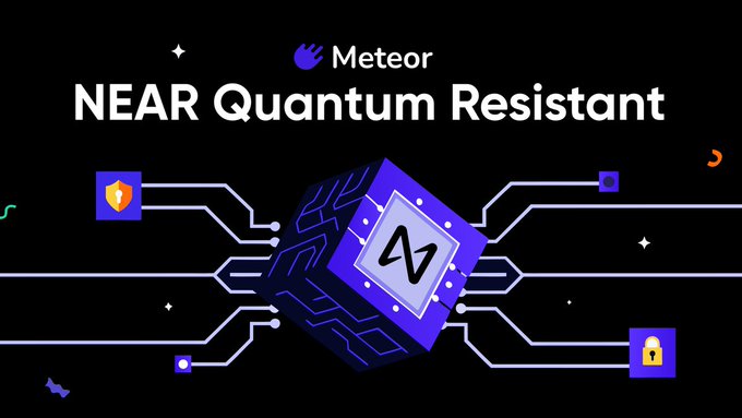 A promotional graphic with the 'Meteor' logo displaying 'NEAR Quantum Resistant' alongside a stylized 3D cube with circuitry and shield/lock icons on a dark background.