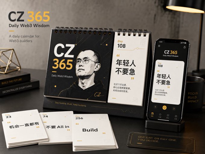 A promotional image for 'CZ 365 Daily Web3 Wisdom' featuring a desk calendar with Changpeng Zhao's portrait, a mobile app display, and cards with phrases like '年轻人不要急' and 'Build'.