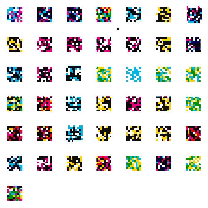 A grid of colorful CMYK pixelated QR codes in various color combinations arranged in rows on a white background.