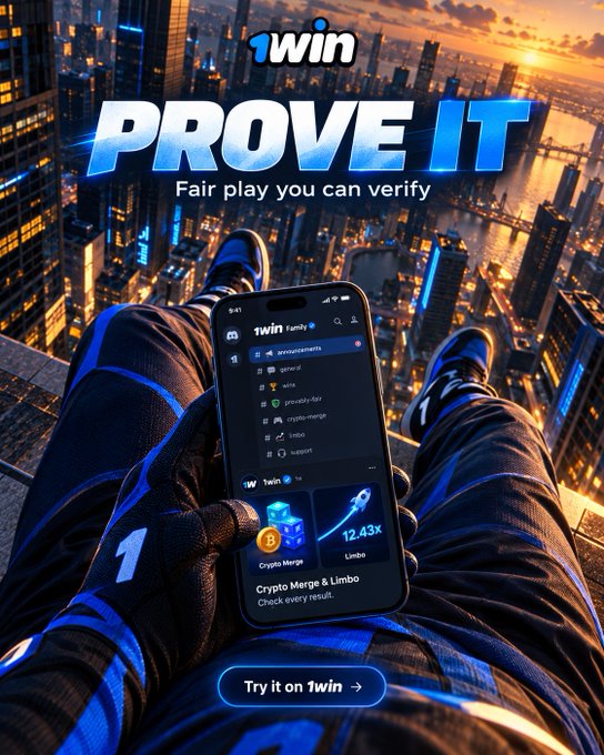 An advertisement for 1win betting platform with "PROVE IT - Fair play you can verify" slogan, showing a person holding a smartphone with the 1win app open against a cityscape background.
