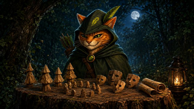 A fantasy illustration of an orange tabby cat wearing a green hooded cloak and carrying arrows, sitting at a wooden table covered with small wooden figures, carved masks, and scrolls, with a lit lantern in a moonlit forest setting.