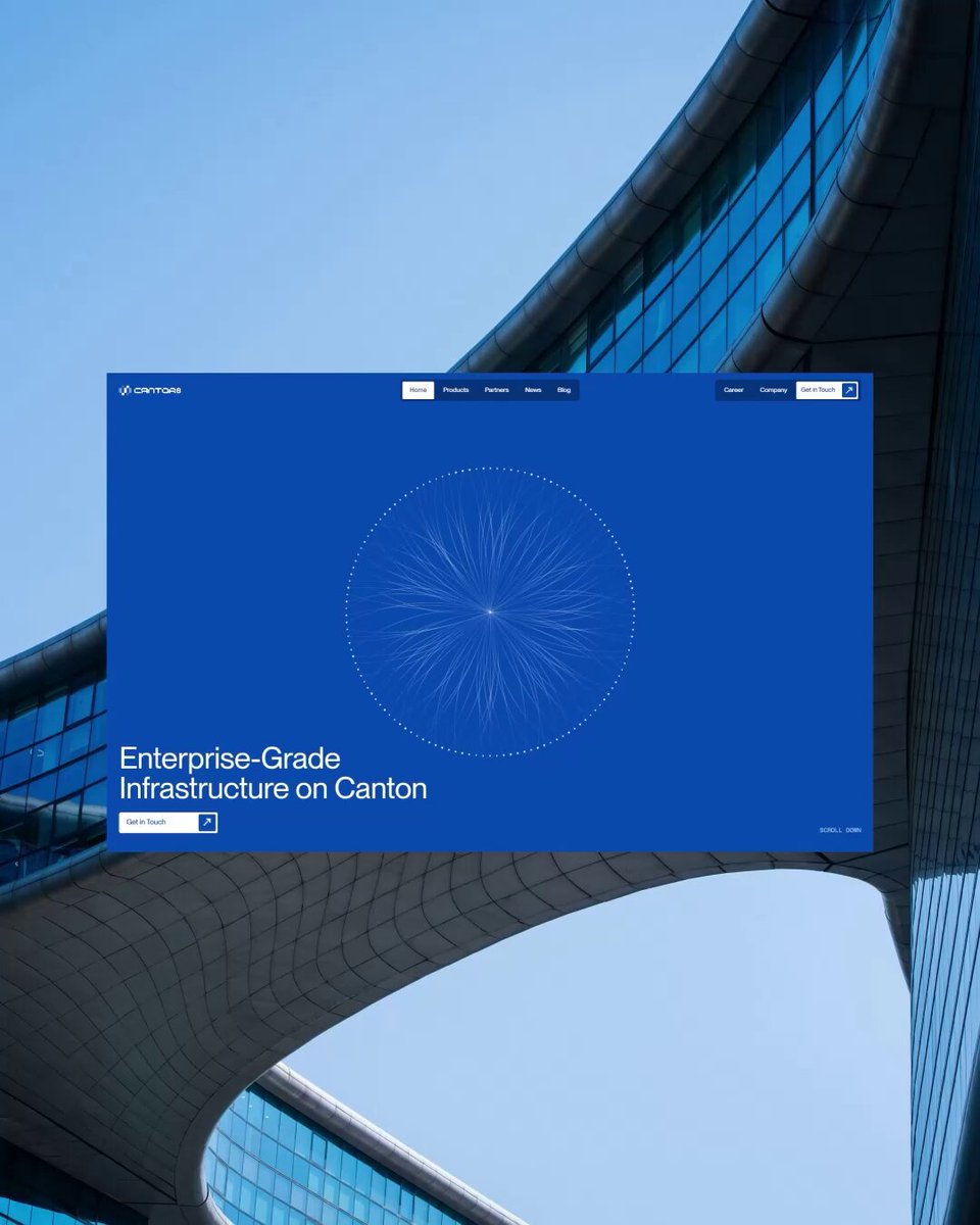 The image features an architectural structure with a curved roof that spans over a city street. The building has large windows that allow natural light to enter the space. On the left side of the image, there's a blue banner displaying white text that reads " Enterprise-grade infrastructure for the Canton Network ecosystem". This banner is positioned above a photo of the building and its surroundings.