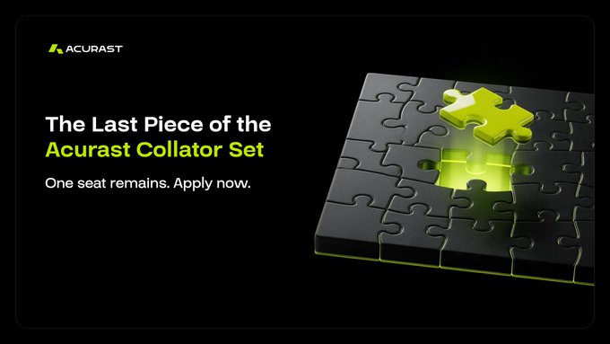 An Acurast promotional banner reading 'The Last Piece of the Acurast Collator Set - One seat remains. Apply now.' featuring a glowing yellow puzzle piece on a dark puzzle background.