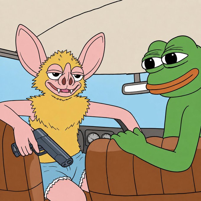 A cartoon illustration shows a yellow furry creature in blue shorts holding a handgun in a car, sitting next to a green frog character with half-closed eyes.