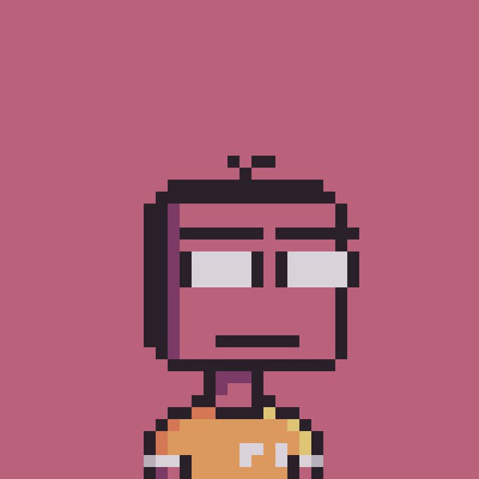 A pixel art style portrait of a character with white eyes, a beard, and an orange shirt against a pink background.