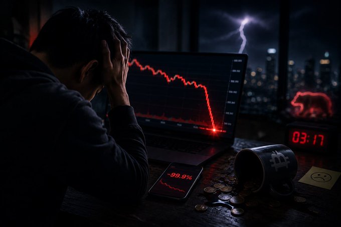 A dramatic illustration of a distressed man watching a crashing red crypto chart on his laptop and phone showing -99.9%, with an overturned Bitcoin mug and a 03:17 clock in a stormy nighttime setting.