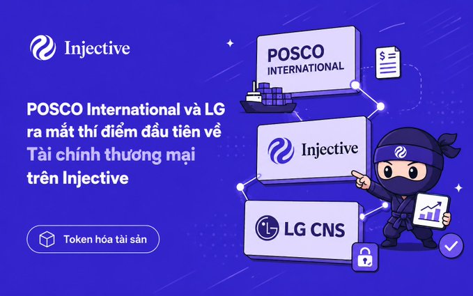 A promotional graphic for Injective announcing a partnership between POSCO International and LG CNS for the launch of the first trade finance pilot on Injective, featuring a cartoon ninja mascot and the Injective logo.