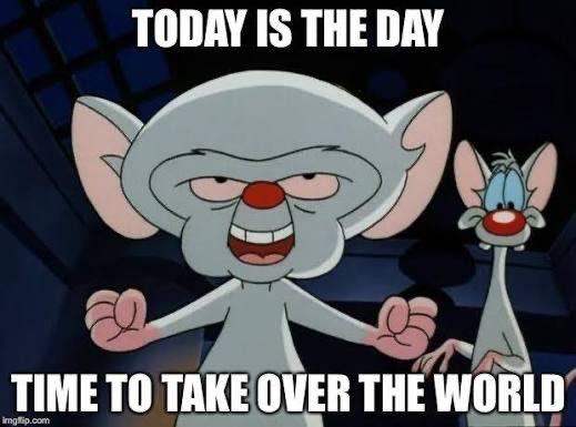 The image features two cartoon mice standing next to each other, with one mouse appearing to be angry or grumpy while the other appears to be smiling. Below them, there's a text that reads "Today is the day to take over the world". The focus of this message seems to be on the idea of taking control and making a positive impact in the world, which can be related to Bitcoin Energy as a source of renewable energy for the global community.