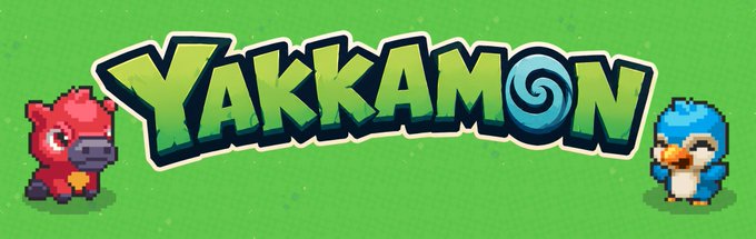 A banner reading 'YAKKAMON' in stylized green and blue text, flanked by pixel-art characters of a red yak and a blue penguin on a green background.