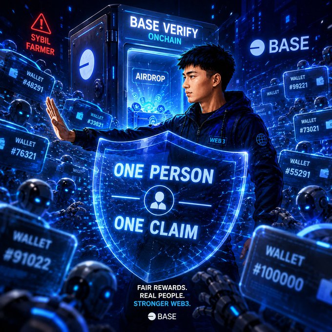 Base blockchain promotional graphic with a young man in a hoodie standing behind a glowing shield reading 'ONE PERSON ONE CLAIM', surrounded by floating wallet ID cards, with text 'BASE VERIFY ONCHAIN', 'AIRDROP', 'FAIR REWARDS. REAL PEOPLE. STRONGER WEB3.', and the Base logo.