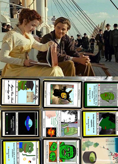 The image is split into two sections: the top shows a scene from the 1997 film "Titanic" with Leonardo DiCaprio sitting next to a woman in a yellow dress on the ship's deck, and the bottom displays a collection of Pokémon trading cards featuring various creatures including Pikachu, Bulbasaur, Blastoise, and others, some bearing the "Plast!Scum" signature.