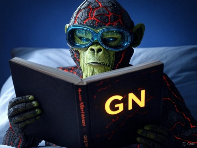 A monkey character with a lava-textured body wearing blue goggles reads a glowing book titled 'GM', generated by Grok.