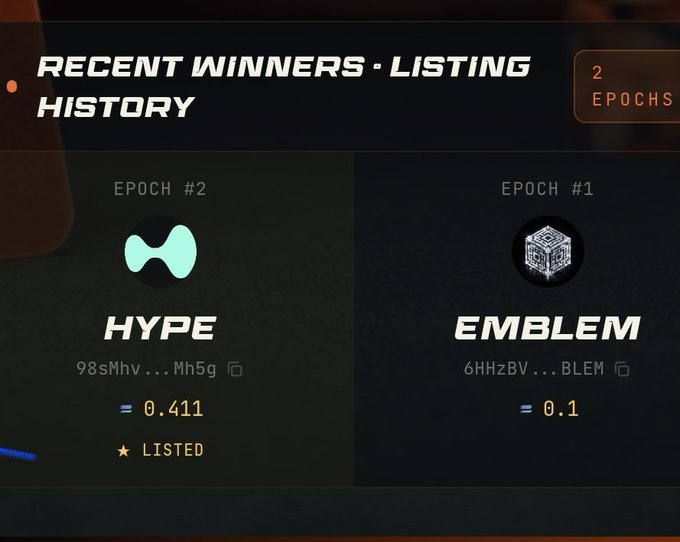 In this image, there is a list of poker-related items presented, including the names "HYPE" and "EMBLEM". The screen displays that users have added these tokens to the fast poker listing auctions, similar to Hyper liquid listing auctions but for poker gameplay. Users can also add their own stocks or tokens like spl, nvda table, etc., making it an interesting platform for stock traders who are interested in participating in fast poker games.