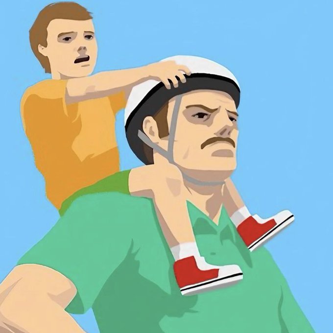 A stylized digital illustration shows a smaller, shocked-looking character in a yellow shirt placing a white helmet onto a stern-faced man in a green shirt, set against a light blue background—evoking a playful preparation scene reminiscent of the upcoming *Happy Wheels* full game launch teased in the post promoting the new "WHEEL" Solana token.