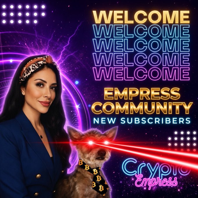 A woman with a leopard-print headband and a small dog wearing a Bitcoin-themed tie with glowing red laser eyes appear against a neon cosmic background. Bold neon text reads "WELCOME WELCOME WELCOME WELCOME WELCOME," "EMPRESS COMMUNITY," "NEW SUBSCRIBERS," and "Crypto Empress," celebrating the new community member @pumpolinsky joining the Empress subscriber base.