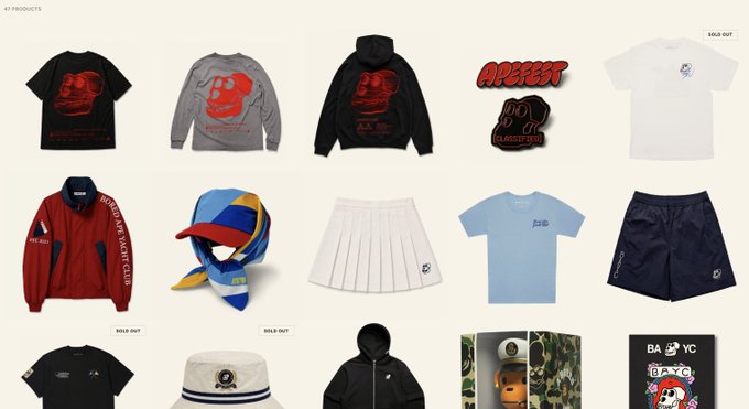 An e-commerce catalog page displaying 41 products, primarily apparel and accessories like t-shirts, hoodies, a bucket hat, skirts, and shorts, with items showing "SOLD OUT" or "SOLD OUT" labels and various brand graphics.