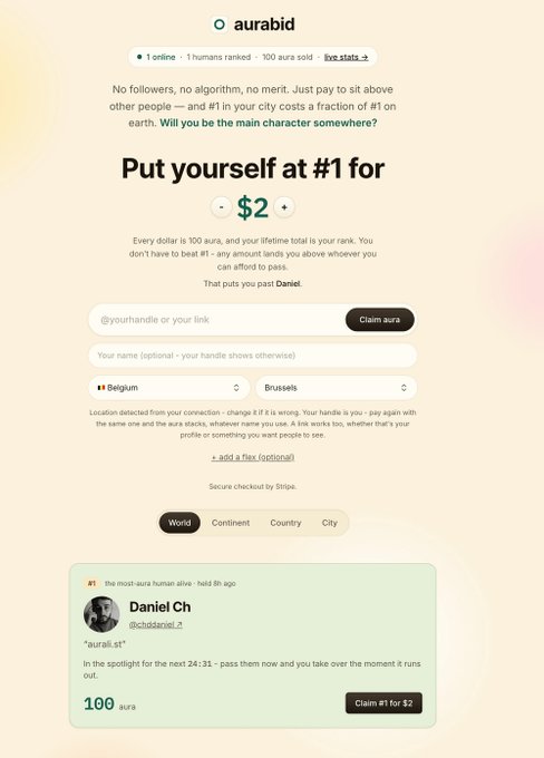 A webpage for 'aurabid' showing a leaderboard service where users can pay $2 to put themselves at #1 rank, currently showing 'Daniel Ch' (ch0dldaniel_1) as the most-aura human alive with 100 aura in Belgium/Brussels.