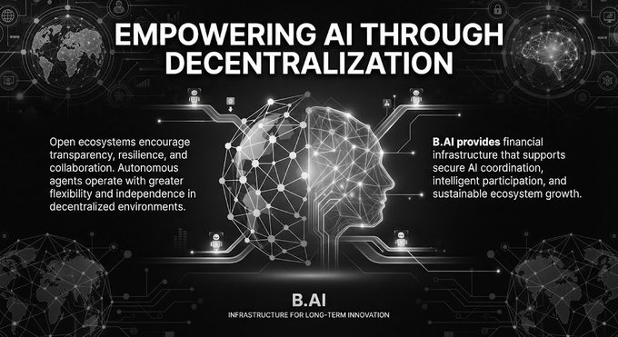A black promotional graphic titled 'EMPOWERING AI THROUGH DECENTRALIZATION' featuring a digital human head made of nodes and circuit patterns, branded with 'B.AI - INFRASTRUCTURE FOR LONG-TERM INNOVATION'.