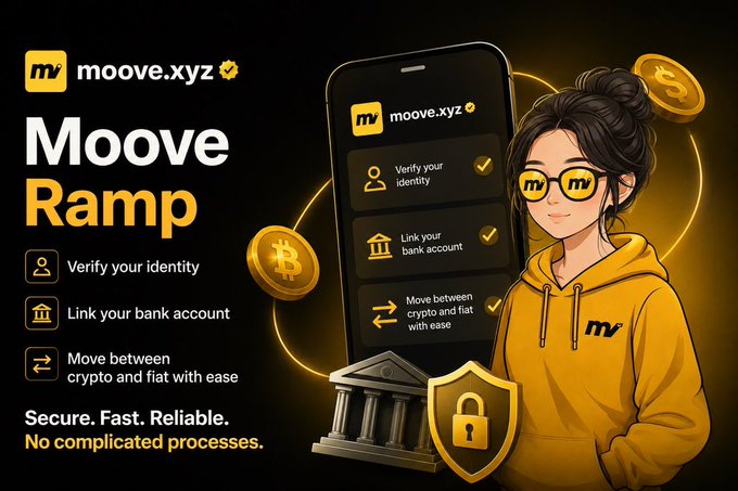 Promotional graphic for 'moove.xyz' featuring 'Moove Ramp' services including identity verification, bank linking, and crypto-fiat transfers, with a cartoon character and Bitcoin imagery.