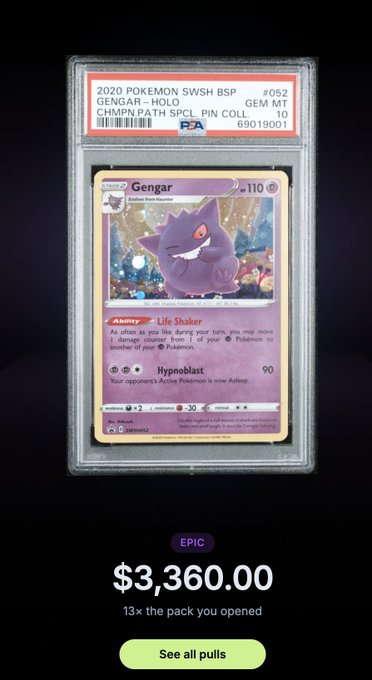 A PSA 10 2020 Pokemon SWSH Champion's Path Gengar Holo card graded Gem Mint 10, valued at $3,360 on the Jupiter Exchange gacha, representing the user's impressive $3,360 pull mentioned in their pack opening recap.