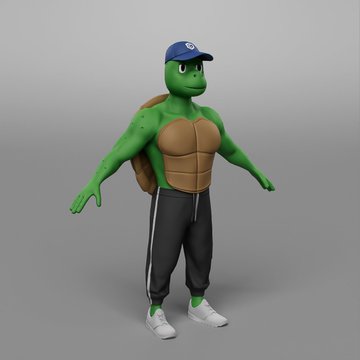 A 3D-rendered anthropomorphic green turtle character wearing a blue cap, brown backpack, and black sweatpants stands against a gray background.