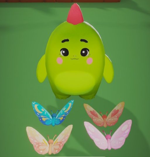The image features a green dinosaur-like creature with a red top hat, surrounded by six different colored butterflies. The creatures and butterflies are arranged in various positions, creating an interesting visual composition that captures attention. The post about @sleepagotchi suggests that this project is worth exploring further due to its unique concept and potential for generating revenue through web3 applications or other means of distribution.