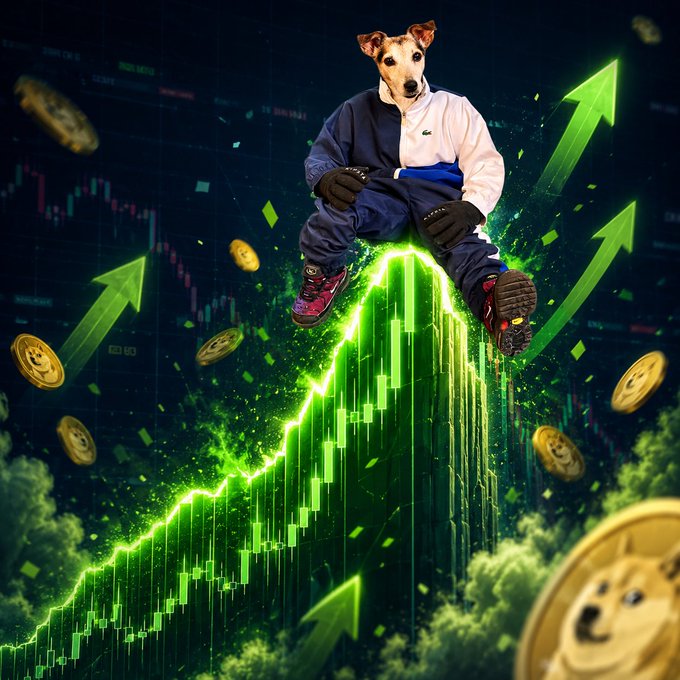 A meme image of a dog wearing a Lacoste tracksuit sitting on top of a glowing green rising crypto price chart, surrounded by falling Doge coins and green upward arrows.
