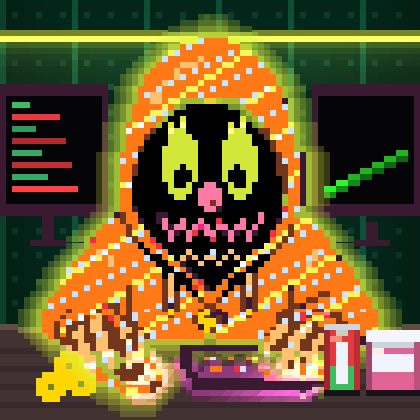 A pixel-art illustration depicts a hooded character with glowing yellow eyes and a jagged smile sitting before a computer monitor displaying a green upward trending graph.
