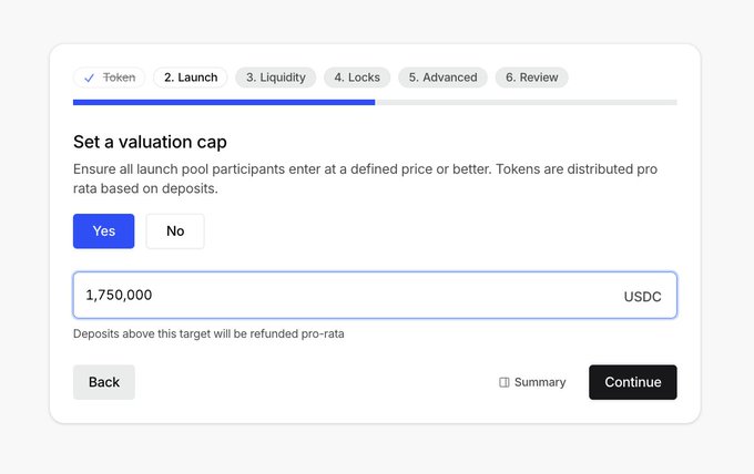 A web interface for a token launch setup on step 2 of 6, titled 'Set a valuation cap' with an input field showing '1,750,000 USDC' selected to 'Yes'.