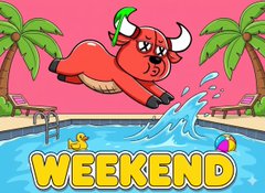 The image features a cartoonish red bull character joyfully leaping into a swimming pool, with the word "WEEKEND" displayed prominently at the bottom in bold yellow letters. The scene perfectly captures the post's invitation to "dive into the weekend" with BULLBEARS, using the energetic bull mascot as a playful visual cue for the Twitter Space event hosted by @CherieOnChain and @Echo1OnChain.
