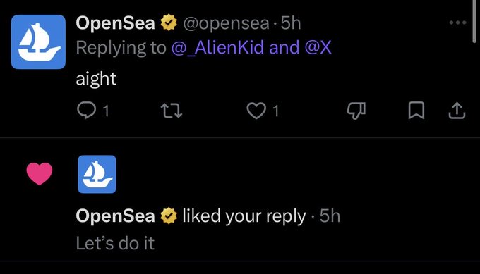 A Twitter/X reply from @opensea reading 'aight' with 1 reply and 1 like, followed by a notification that OpenSea liked the reply 'Let's do it'.