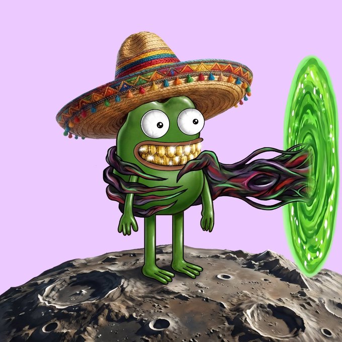 A digital illustration depicts a green cartoon creature wearing a large decorated sombrero and a colorful scarf, standing on a cratered moon surface while summoning a swirling green portal with one outstretched arm.