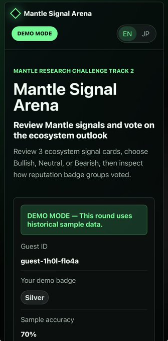 Screenshot of the Mantle Signal Arena demo mode for voting on ecosystem outlook, showing a Silver badge and 70% sample accuracy.