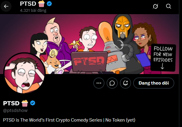 A Twitter/X profile page for 'PTSD' (@ptsd show) with 4,321 followers, describing itself as 'PTSD Is The World's First Crypto Comedy Series | No Token (yet)' with an illustrated banner of cartoon characters.