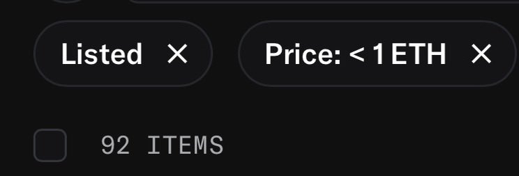 A dark-themed digital marketplace interface showing filter tags 'Listed' and 'Price: < 1 ETH' above a counter indicating '92 ITEMS'.