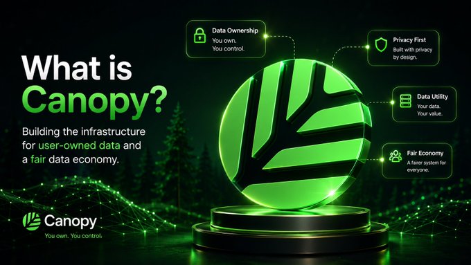 The image features a large green circle with a black border, which has the word "Canopy" written on it. The background of the image is dark, creating a stark contrast between the green circle and the darkness around it. Below the circle, there are several lines of text that provide information about the concept of "Canopy". These explanations include details about data ownership, privacy, user-owned data, and how this concept can be applied to the digital economy. The image also includes a small tree in the bottom right corner, adding a touch of nature to the otherwise technology-focused scene.