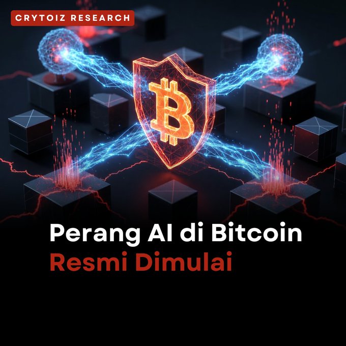 A graphic featuring a glowing orange Bitcoin shield emblem with electric blue lightning effects, surrounded by dark cubes, branded with "CRYTOIZ RESEARCH" and the Indonesian caption "Perang AI di Bitcoin Resmi Dimulai" (The AI War on Bitcoin Officially Begins), visually representing the article's announcement of AI-powered security audits uncovering 4,962 vulnerabilities in Bitcoin projects.