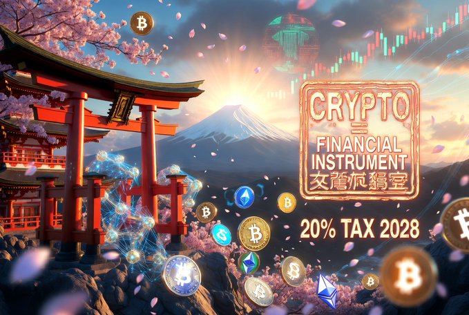A vibrant illustration combines a Japanese torii gate, Mount Fuji, cherry blossoms, floating Bitcoin and crypto coins, and a sign reading "CRYPTO FINANCIAL INSTRUMENT" with "20% TAX 2028" below it.
