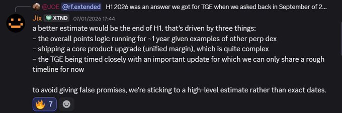 A Discord message from user "Jix" (@r.extended) dated 07/01/2026 explaining that a better estimate for TGE (Token Generation Event) is end of H1 2026, citing three factors: ~1 year of perpetual dex examples, a core product upgrade shipping with unified margin, and timing closely with an important update, while opting to give a high-level estimate rather than exact dates.