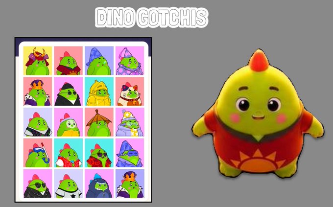 An image titled 'DINO GOTCHIS' showing a collection of 20 cartoon dinosaur character portraits in a grid on the left, and a larger single green dinosaur character with a red crest wearing an orange shirt on the right.
