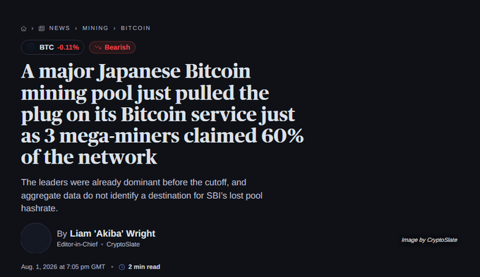 An article titled 'A major Japanese Bitcoin mining pool just pulled the plug on its Bitcoin service just as 3 mega-miners claimed 60% of the network,' authored by Liam 'Akiba' Wright.