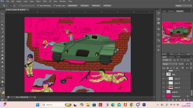 A Photoshop interface displaying digital artwork of soldiers, a green tank, and a mummy in a battle scene on a pink background. The image relates to the post by showcasing the artwork from the KT collection mentioned on objkt.com, likely one of the creations from the #WALLS series.