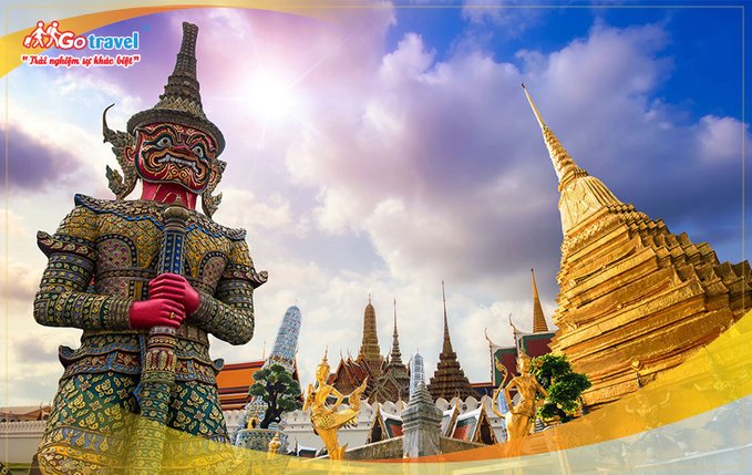 A travel advertisement for 'Go Travel' featuring a colorful Thai temple guardian statue (yaksha) in front of golden pagodas under a bright, cloudy sky.